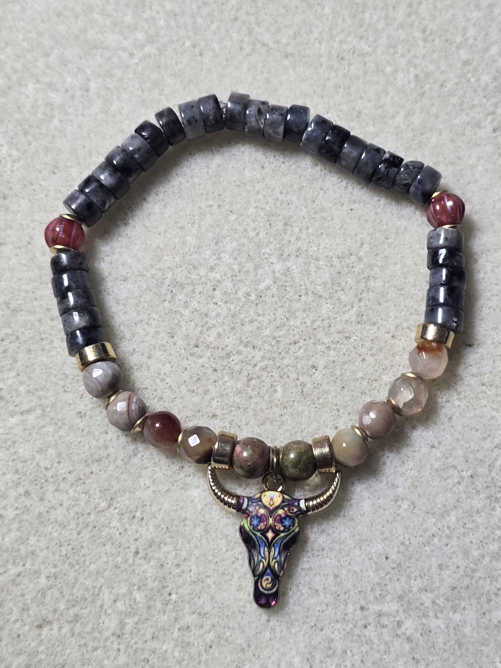 Multicolor Stone Beaded Stretchy Bracelet w/ Decorative Longhorn Head Gold Charm